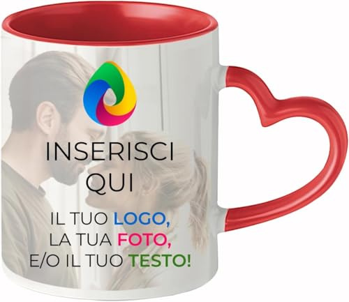 Teetaly Tazza Personalizzabile con Manico a Cuore e Interno Rosso - Perfetta per San Valentino, Regali e Decorazioni