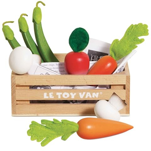 Le Toy Van - Wooden Honeybee Market Vegetables '5 a Day' Crate | Supermarket Pretend Play Shop Food | wooden vegetable crate, supermarket role play, pretend food set, healthy food play, suitable for age 3 years