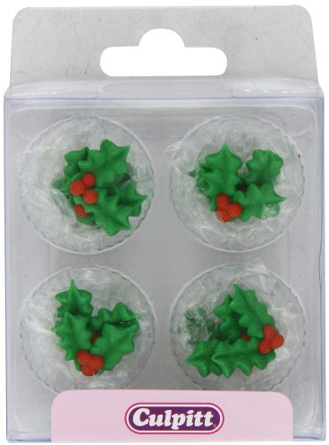 Culpitt Sugar Cake Decorations Holly and Berries (Pack of 2, Total 24 Decorations)