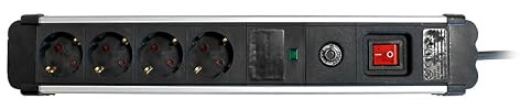 SIMON - Enchufe Múltiple Extrapower, Ladrón de Enchufes con Interruptor, 4 Tomas Schuko 16 A 250V, Protección de Sobretensiones y Cable 1,5M, Color Aluminio
