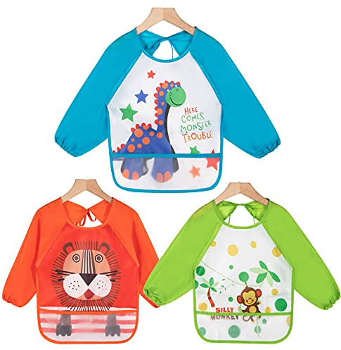 HaimoBurg 3 pezzi Impermeabile Bambino Bavaglino Grembiule con Maniche Lunghe Bambini 1-4 anni