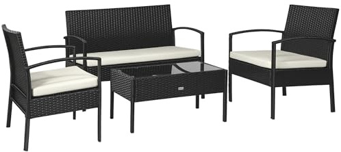 Outsunny Polyrattan Sitzgruppe Garnitur Lounge Sofa Gartenset 7 TLG. mit Kissen, Schwarz