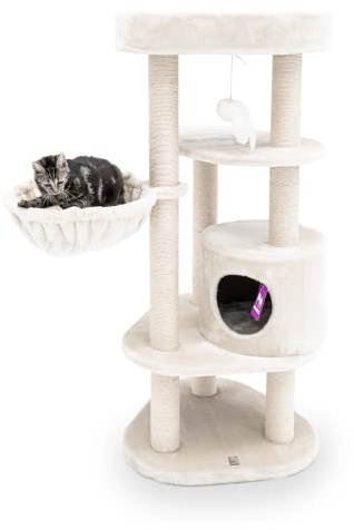 Petrebels Kratzbaum Platzsparend & Stabil, Charlotte 134 cm hoch, Creme | dreieckig, Ø 9 cm Stämme, mit dicke Bodenplatte, waschbaren Kissen, Hängematte, Höhle & Loungesofa, für mittelgroße Katzen