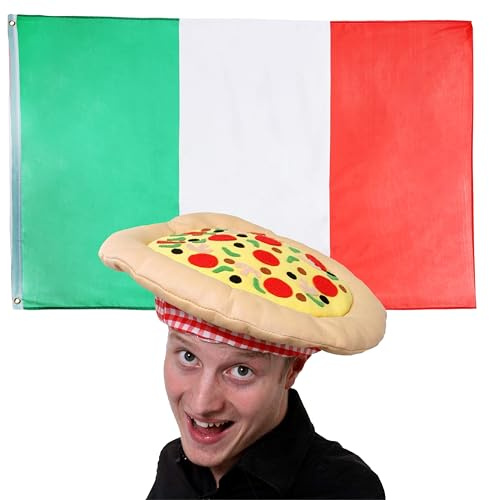Italian Fancy Dress Accessory Set - 3x5ft Flag With Pizza Hat for Carnevale Italy Supporters and Football Rugby Events