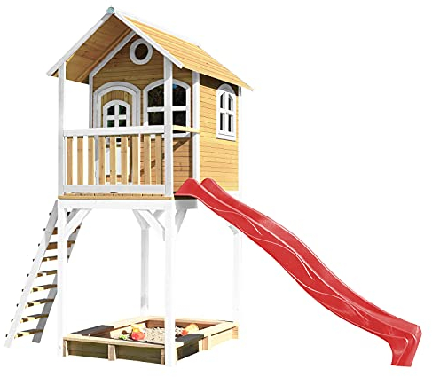 AXI Romy Maison Enfant avec Bac à Sable & Toboggan Rouge | Aire de Jeux pour l'extérieur en Blanc & Marron| Maisonnette/Cabane de Jeu en Bois FSC