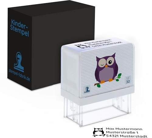 STEMPEL-FABRIK Kinderstempel Eule, Namensstempel personalisiert | Namensstempel & Adressstempel für Kinder mit Eule-Motiv, für Schule & Kindergarten, selbstfärbend, 47x17 mm