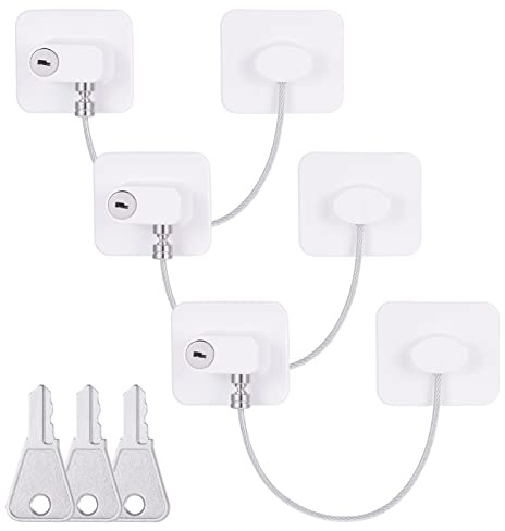 XINRUI 3PCS Fridge Lock Children Safety Refrigerator Lock Fridge Locks for Adults Baby Safety Fridge Locks Cupboard Lock with 3 Keys and Strong Adhesive for Cabinet Drawer Fridge Freezer | Strong Self-adhesive Lock Set with 3 Matching Keys, Stainless Steel Wire, for Fridge, Freezer, Cabinet, Drawer, Window