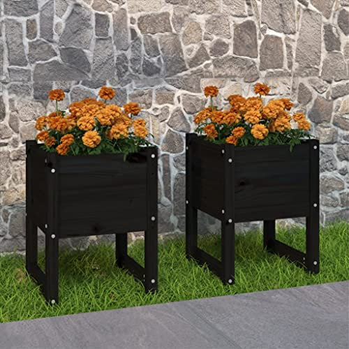 WIFESE Macetero alto 2 unidades, color negro, 40 x 40 x 52,5 cm, madera maciza de pino, maceta grande para exterior, maceta para plantas, juego de macetas, jardineras, balcones, jardineras altas