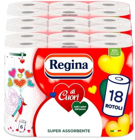 Regina Di Cuori Carta Cucina, 18 Rotoli a 2 Veli, 50 Fogli Per Rotolo, Grande Assorbenza, Spessa e Resistente, Carta 100% Certificata FSC
