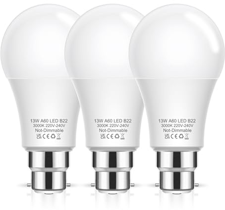 B22 Bayonet Light Bulbs 100W Equivalent, 13W LED Bulbs Bayonet Warm White 3000K, 1200lm BC A60 B22 Light Bulb Bayonet, Non-Dimmable for Indoor Home Lighting, 3 Pack