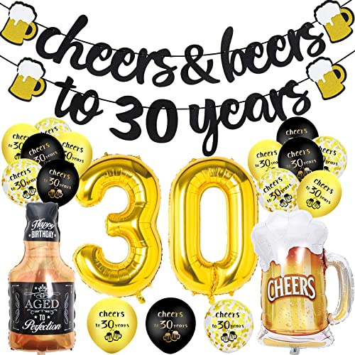 30 Geburtstag Männer, 30 Geburtstag Deko, Happy Birthday Geburtstagdeko mit Jubel Banner,Nummer 30 Folienballons, Zeichen 30. Schwarz Gold Luftballons Konfetti Luftballons für 30 Jahre Mann Frauen