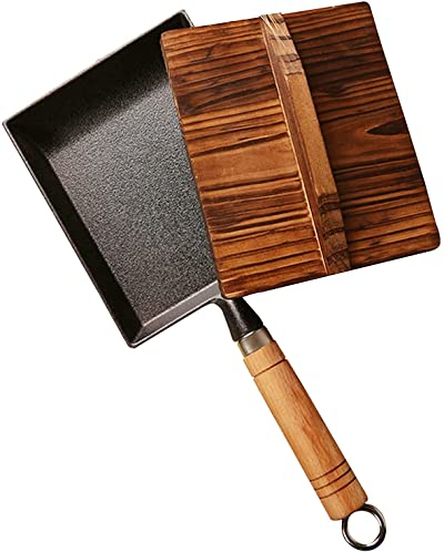 NOVSKI Tamagoyaki Pan Mini Sartén para Tortilla Japonesa Rectángulo De Hierro Fundido Sin Recubrimiento con Tapa De Madera Lata como Plato para Servir Invitados, Negro