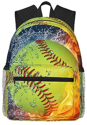LAMAME Leichter Schulter-Rucksack mit Dackel-Druck, Laptop-Rucksack, lässiger Tagesrucksack, Orangefarbener Softball auf Feuer und Wasser, One size