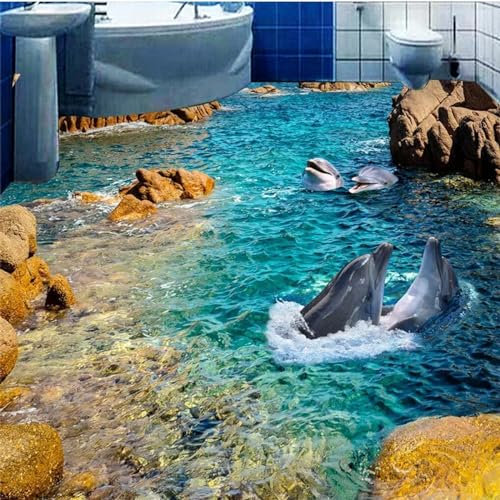Kundenspezifischer, Selbstklebender Bodenaufkleber Niedlicher Delphin im Meer, 3D-Bodenfliesen-Wandtapete, 200 x 140 cm Bodenfliesen Aufkleber Wohnzimmer Studie Bodenbelag Tapete, Epoxidharz