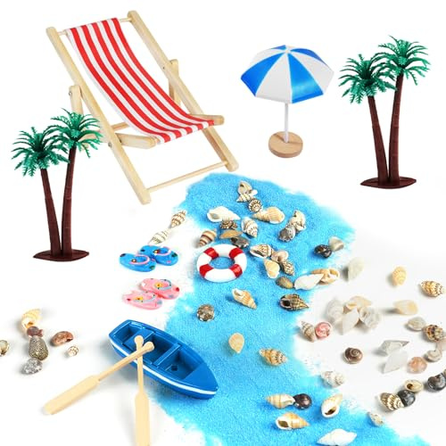 Aolso Strand-Mikrolandschaft, 12 Stück Miniatur Dekoration Mini-Stranddekorationen, Miniatur Dekoration, Miniliegestuhl, Sonnenschirm Kleine Palme Deko Accessoires, Puppenhausdekoration