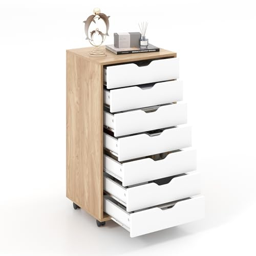 SFAREST Mobile File Cabinet with Drawers, Multifunctional Wooden Printer Stand with Door & Wheels, Stationery Rolling Filing Cabinet and Home Office Drawer Chest(Natrual,7 Drawers)