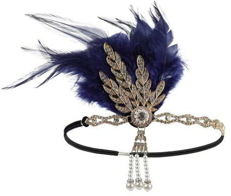 1920s Feder Flapper Stirnband Damen Karneval Kostüm Vintage Dehnbar Feder Kristall Fascinator Haarband Festival Hochzeit Party Haarreif Boho Haar Kopfschmuck Accessoires für Frauen (Navy, One Size)