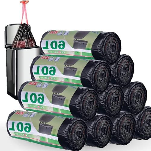 SENENQU 200 Stück Müllbeutel 50-60l Mit Zugband, Müllsäcke Mülltüten mit Tragegriff Super Auslaufsicher 10 Rollen, Abfallsack Mit Zugband 50 Liter Groß 62 x 54 cm Schwarz