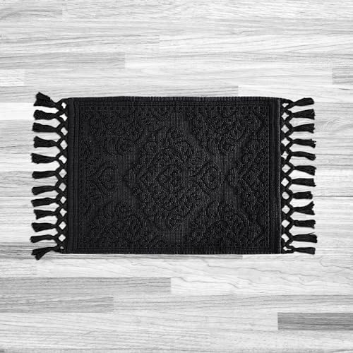 Jean Pierre Ricardo Badematte, gewebte Fransen, Badezimmerteppich, 100% Baumwolle, hochwertige Badezimmer-Dekoration, Maße: 43,2 x 78,7 cm, Schwarz