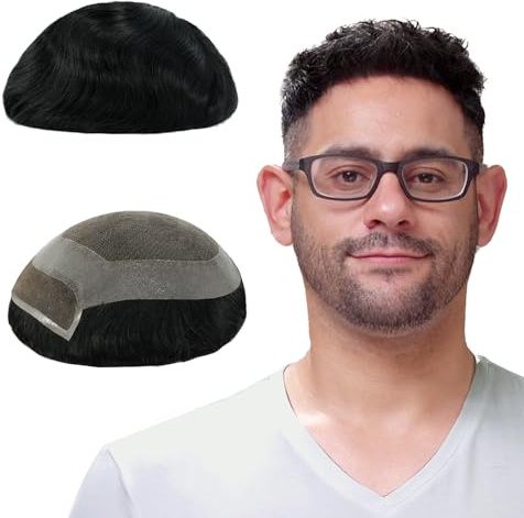 Lordhair Toupet Echthaar Männer, 100% Echthaar Toupet Herren, Toupet für Männer mit Französischer Spitze und Hautrand(15x20CM,Naturschwarz 1A#)