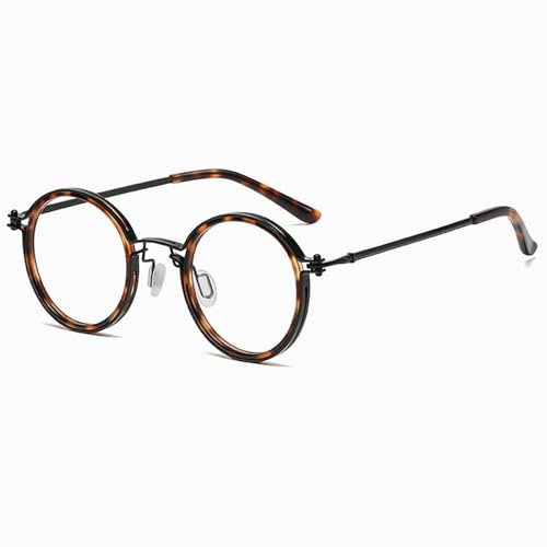Runde Retro-Lesebrille für Herren Damen, Stilvolle Anti-Blaulicht-Brille, Computer-Lesegerät mit Metallrahmen(Tortoise,2.0)