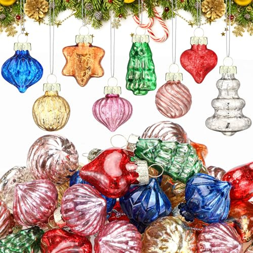 Capoda 32 Stück Vintage-Weihnachtsdekoration, 3,1 cm, antikes Glas | Mini-Größe, Herzen, Tannenzapfen, Eiszapfen, Diamantformen, antikes Glitzer-Finish, für Kaminsims, Kranz, Girlande