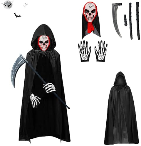 Gxlaihly Costume da Grim Reaper,Costume da Mietitore per Bambini,con Cappuccio Maschera da scheletro, guanti da scheletro,Falce da Tristo Mietitore,per Halloween,Carnevale,Cosplay (Bambino-C)