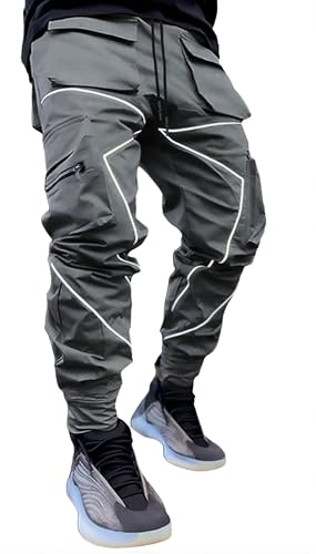 BOOMLEMON Men's Cargo Jogger Pants Reflective Technical Hip Hop Harem Pants Punk Streetwear Tactical Track Pants(Dark Gray M)