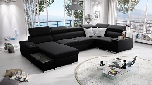 All4All Ecksofa mit Schlaffunktion Passe 335 cm x 205 cm - Wohnlandschaft U-Form - Schlafsofa mit Bettkasten - XXL Sofa - Groß - Gewebe Sawana 14 - Schwarz - Linke Seite 26