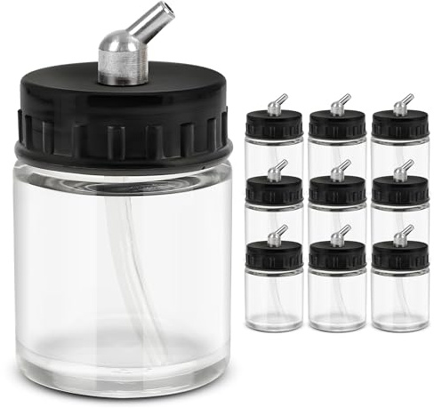 JUNIERS Airbrush AG-02 Glas-Farbtopf Set – 10×22 ml Airbrush Farbbehälter aus Glas mit Deckel & Aufbewahrbox – Zubehör für Airbrush Pistole, Modellbau & Basteln