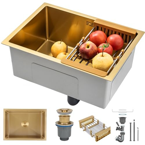 KOOGIMDDR Lavello Cucina 1 Vasca 60 x 40 cm Oro, Nano Lavandino Cucina in Acciaio Inox, Lavabo Cucina da Appoggio Lavelli da Cucina, Lavello Cucina con Set di Drenaggio, Sifone e Troppopieno