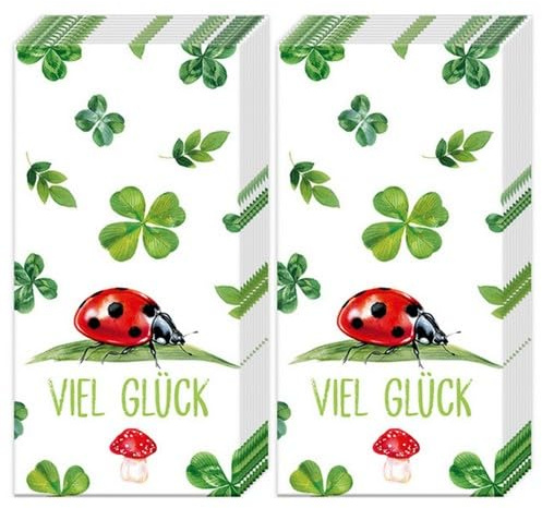 20 einzelne Taschentücher Tiermotive Marienkäfer, Pilze und Kleeblätter. 2 Packungen mit 10 einzelnen Papiertaschentücher bedruckt als Geschenk.