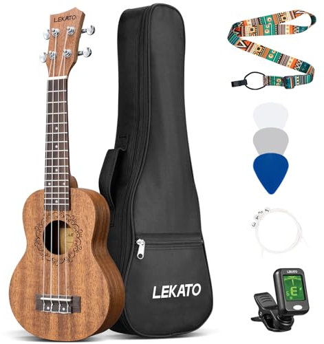 LEKATO Sopran Ukulele aus Sapeli 21 Zoll Starter-Set mit Gigbag, Stimmgerät, Gurt, Picks/Saiten - Hawaii 4-saitige Gitarre für Anfänger, Echtes Holz, Exquisite Schnitzerei