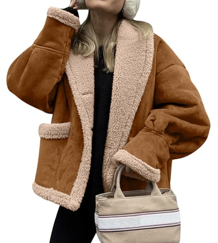 loveimgs Giacca da donna oversize foderata in pelle scamosciata sintetica in pile shearling cappotto invernale da motociclista aviatore cappotto, Marrone, Large