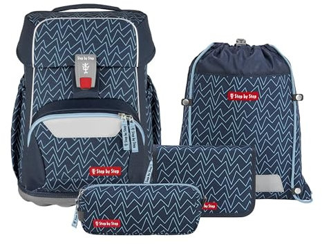 Step by Step Basis Schulranzen-Set „Blue Lines“, 4-teilig, blau, ergonomischer Tornister mit Reflektoren, Hüft- und Brustgurt, für Kinder ab der 1. Klasse, 20 Liter