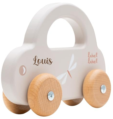 minipishop® Babygeschenk zur Geburt Junge I Spielzeug Auto personalisiert mit Name Geburtsdaten I Personalisierte Geschenkidee Geburt I Holzauto Beige Nougat