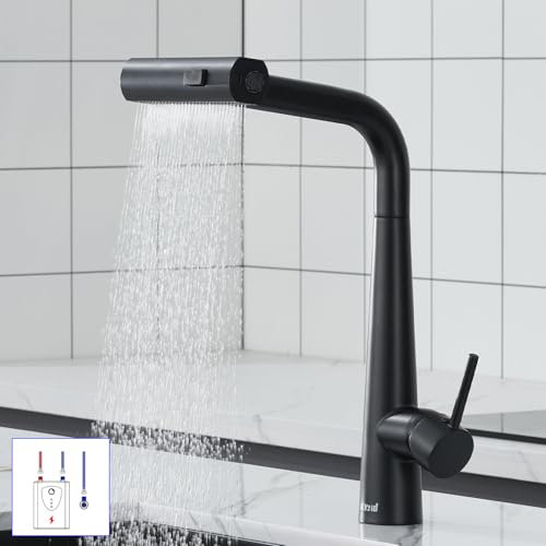 Ulytid Niederdruck Armatur Küche, Wasserhahn küchenarmatur Schwarz Ausziehbar, 360°Schwenkbarer Edelstahl Mischbatterie, Spültischarmatur Küche mit 3 Sprühmustern, Armatur für Boiler/Untertischgeräte