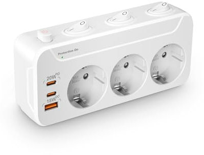 Ladron Enchufes con Interruptor Independiente,Enchufe Múltiple Pared,PD20W Regleta Enchufes Adaptador 3 Tomas,Horizontal Vertical Giratorio Ladrón Triple con Tierra 16A Proteccion Sobretension,Blanco