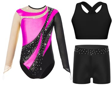 FEESHOW Mädchen Gymnastikanzug Langarm Mit Kurze Hose Und Tank Top Patchwork Glitzer Turnanzug Kinder Gymnastik Tanzkleidung