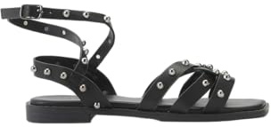 Koroshi Sandalias Planas Tiras Efecto Piel con Tachuelas metalícas y Cierre con Hebillas en el Tobillo para Mujer, de Color Black, Talla 40