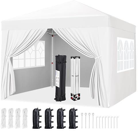 Yaheetech Pavillon 3x3m mit 4 Seitenwänden Pop-up Faltpavillon Wasserdicht Winterfest Höhenverstellbar mit Rolltasche Stahlgestell UV Schutz 50+ Weiß