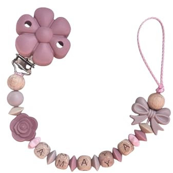 Generisch Baby Geschenk Halter mit Namen Mädchen Personalisiert rosa Altrosa Blume Holz Silikon