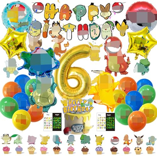 Kinder Geburtstag Party Set, 47 Stück Cartoon Anime Geburtstags ballon Dekorations set, Enthält Aluminiumfolienballons, Banner, Temporäre Tattoo-Aufkleber für Kinder, Kuchendeko, Hängende Figuren