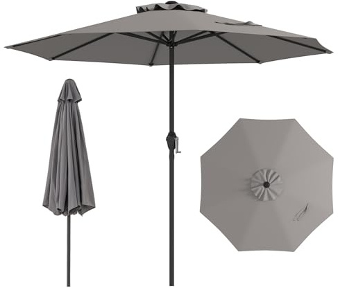 GOPLUS 250cm Parasol de Jardin Exterieur, Parasol de Balcon avec Manivelle, 8 Baleines Robustes, Dessus Ventilé, Protection Solaire, pour Terrasse Plage Patio Piscine (Gris)