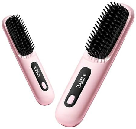 Go Brush Pro, Cordless Hair Straightener with Ionic Technology, Portable Heated Comb with USB Rechargeable for Travel, 3 Heat Settings & LED Screen, MCH Ceramic Heating for Frizz-Free Styling (Pink)