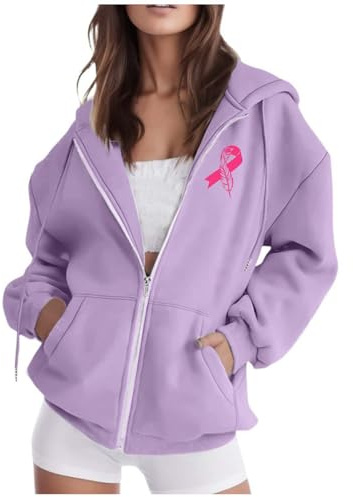Luadnysin Octobre Rose, Mois de Sensibilisation au Cancer du Sein Cardigan décontracté à Manches Longues et Capuche Design Sportif avec Fermeture éclair et Poches Coupe Ample,S à 3XL