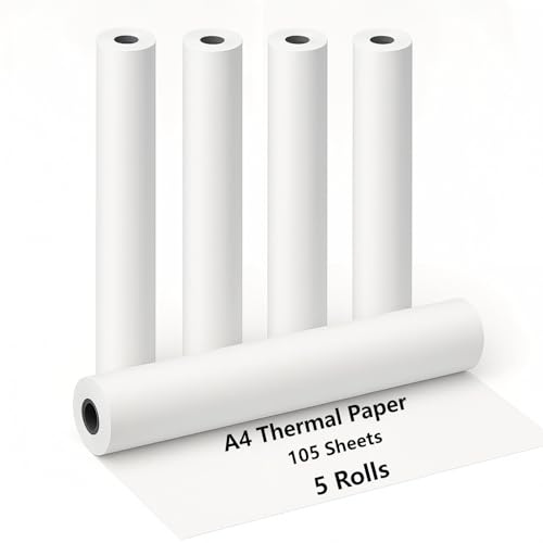 5 Rouleaux Papier Thermique A4, Papier Imprimante Thermique, Papier Thermique Blanc, Sans BPA, Séchage Rapide, pour Impression de Documents, Photos et Pages Web, 21cm x 6.2m, 21 Feuilles/Rouleau