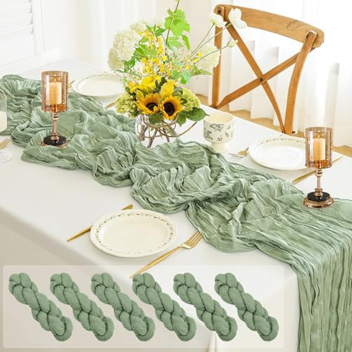 Ezvsevuo 6 STK. Tischläufer Grün 90 x 300 cm - Rustikale Gaze Käsetuch Tischläufer, Boho Dekostoff für Hochzeitsdeko Gartenparty, Brautparty, Geburtstag Deko & Tischdeko (Salbeigrün)
