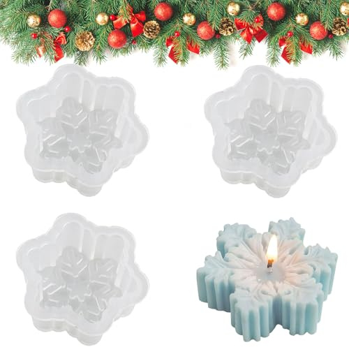 CUVZORA 3 Stück Schneeflocke Kerzenform, Silikon Gießformen, 3D Schneeflocke Weihnachten Kerzen Formen, DIY Harz Formen Epoxidharz Silikonform für Kerzenherstellung Handwerk Ornamente