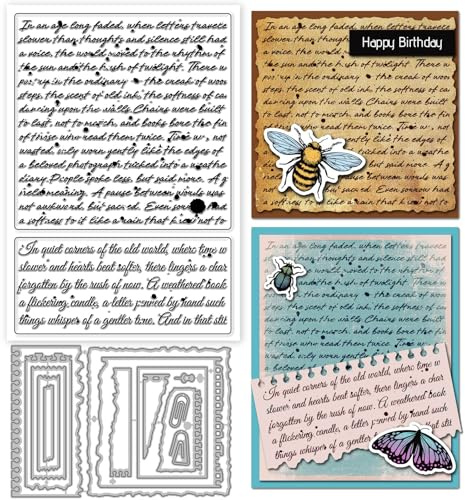 GLOBLELAND Vintage Text Hintergrund Clear Stempel und Metall Die Cuts Handgeschriebener Text Transparenter Stempel Tear Frame Cutting Dies für Card Making Embossing Scrapbooking